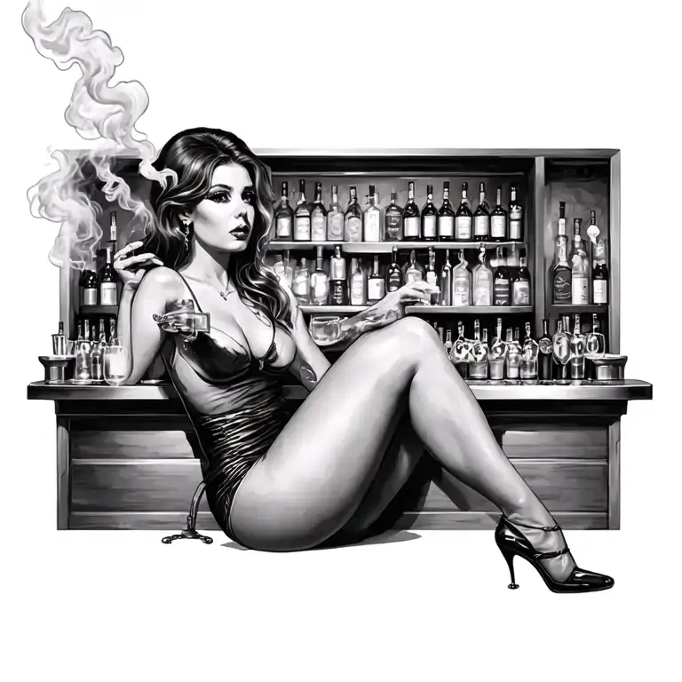 Old Bar Sexy Woman Sitting Alcohol Smokes