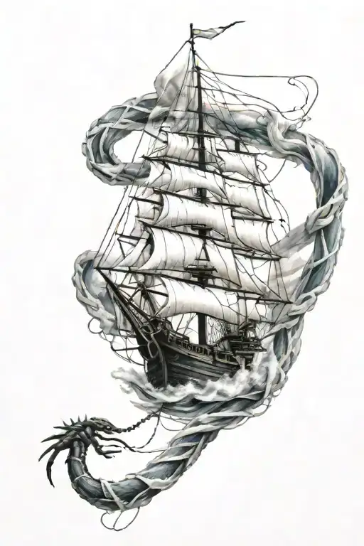 Ship On Rough Seas With A Snake Spider Web Hanging Down The Wrist