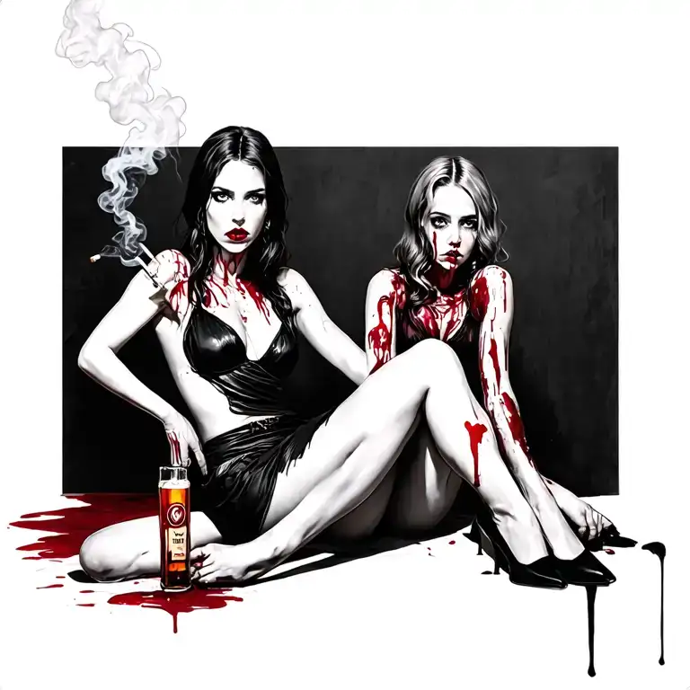 Sexy Bloody Women Sitting Alcohol Smokes Cigarette