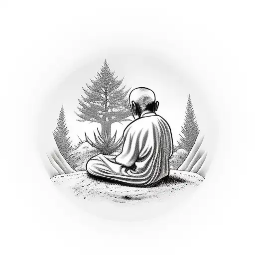 Oriental Old Man Meditating Under A Tree Holding A Clock