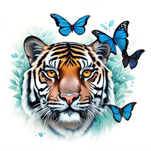 Tiger Eyes And Butterflies Surrounding