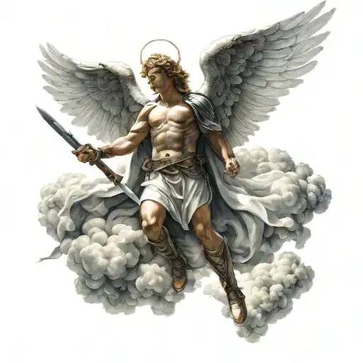 Archangel Angel Holding A Sword And Coming Out Of The Clouds