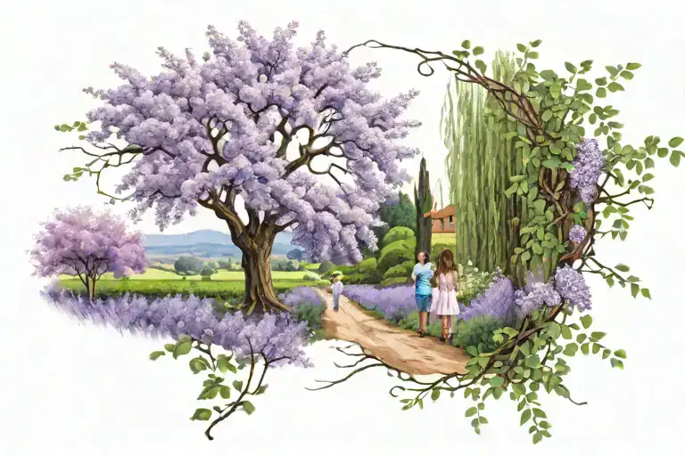 Field Of Lilac Flowers With Willow Tree And Ivy And 3 Daughters Skipping Looking Back