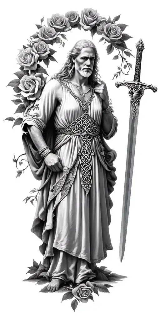 Very Very Old Celtic Man Posing Holding A Sword And The Woman Is Surrounded In A Circle Of Roses