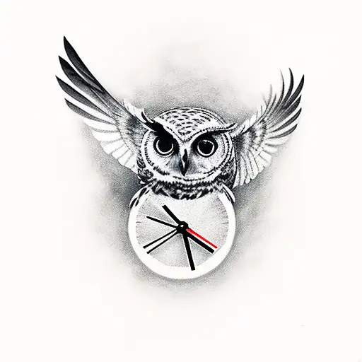 Bubo Virginianus Owl Flying With Open Wings On A Full Moon Night Holding A Clock
