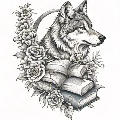 Wolf With Moon And Books Surrounded By Florals