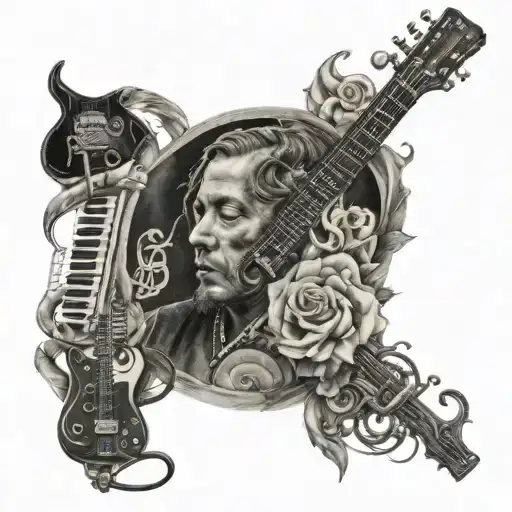 A Realistic Portrait Of A Famous Musician Surrounded By Symbols Of Love And Peace