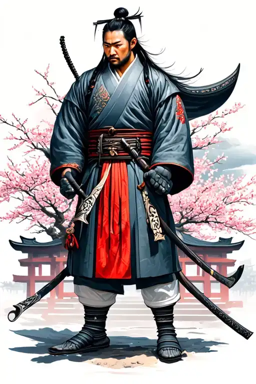 Japanese Samurai Standing Under Temple And Cherry Blossom