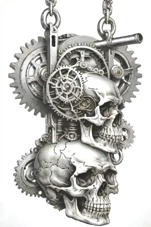 Skull Pendulum Hanging From Complex Machine On A Beam With Gears