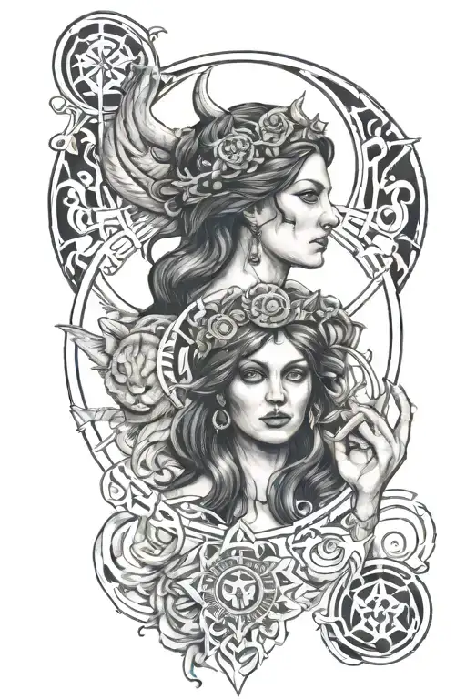 A Traditional Style Tattoo Of Hecate Surrounded By Symbols Of Esoterism