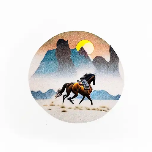 A Cowboy Riding A Wild Stallion Against A Backdrop Of Mountains And A Setting Sun