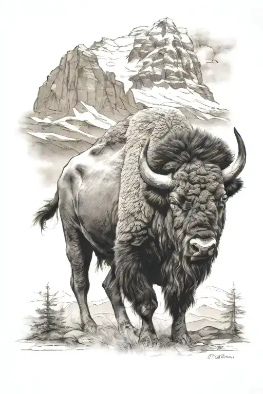 A Realistic Tattoo Of A Majestic Buffalo Standing In Front Of A Mountain Landscape