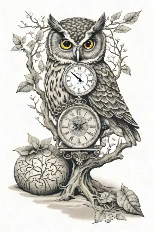 Owl With Sand Clock And The Life Tree Inside Instead Of Sand