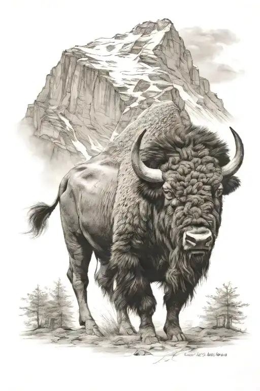 A Realistic Tattoo Of A Majestic Buffalo Standing In Front Of A Mountain Landscape