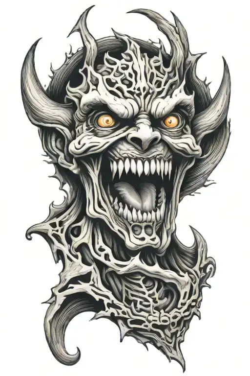 Horror Demon Female Teeth Psychedelic Tattoo On Leg