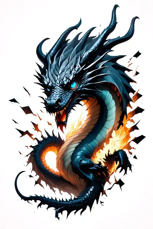 Black Dragon With Blue Eyes Coming Out Of Wall Broken Pieces Forming