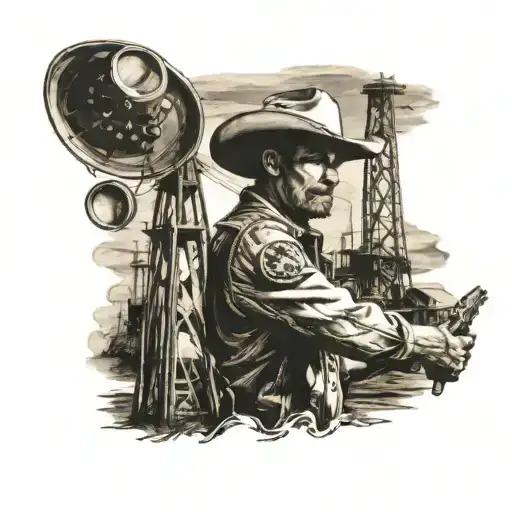 Lucky Gunslinger Cowboy With Old Oil Drilling Rig In Background