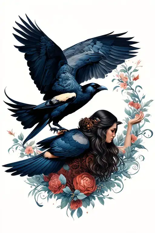 Woman's Surrounded By Crow Flying