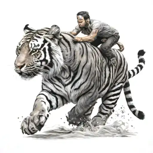 A Small Tiger Rides On The Back Of A Big Bull