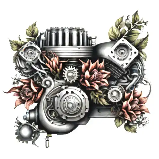 An Intricate Design Of A Car Engine Morphing Into A Bouquet Of Flowers