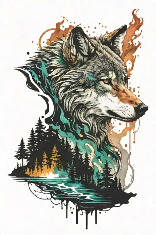 Wolf With Forest Water Fire And Color Splash As Background