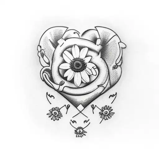 Realistic Heart Tattoo With Defect And Daisy Flowers