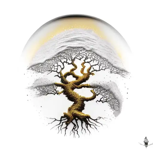 A Realistic Black Tree Dripping Gold With Abdstract Drip Details