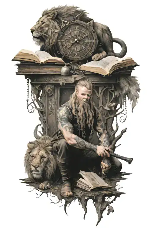 Viking With An Axe And A Lion And A Book And A Clock And The World Tree