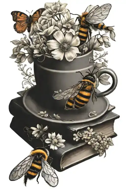 Floral With Books A Bee And A Teacup With Muted Colours