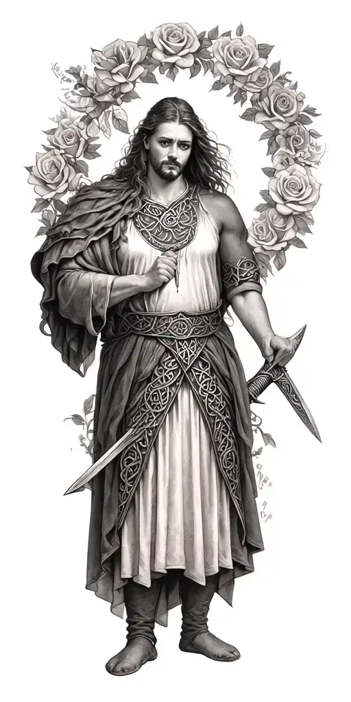 Very Very Old Celtic Man Posing Holding A Sword And The Woman Is Surrounded In A Circle Of Roses