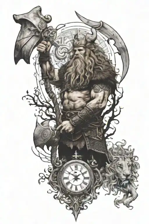 Viking With An Axe And A Lion And A Book And A Clock And Yggdrasil