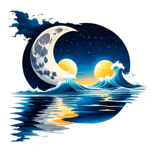 Moon And Sun Waves Between Create Reflection Of Day And Night