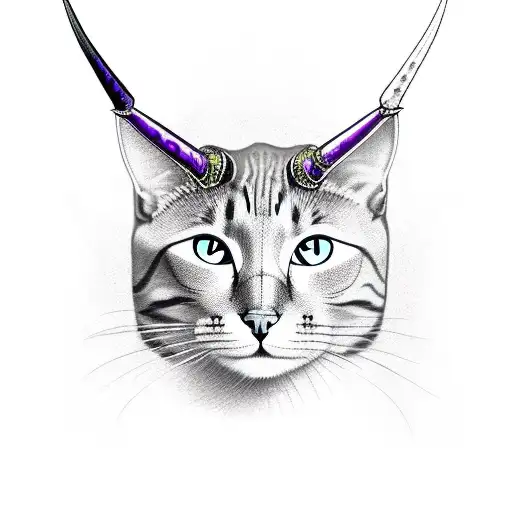 A Full Body Cat With Horns And Gems Around It With Purple Highlights