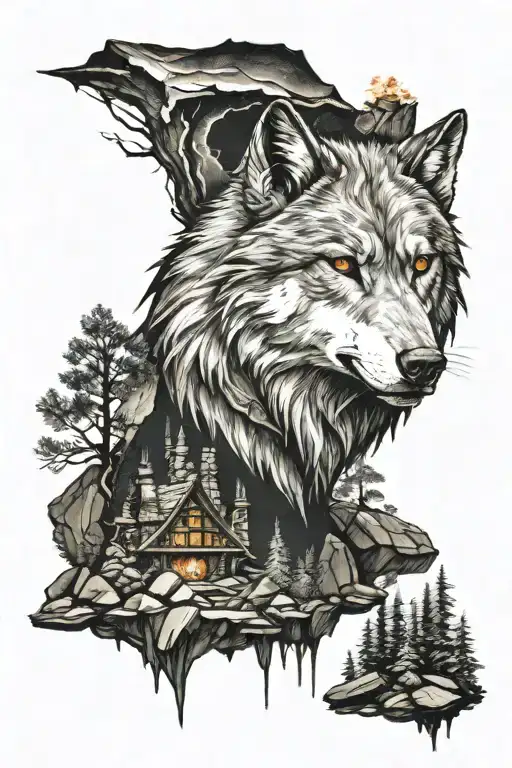Witcher Style Wolf Face Forest With Fireplace And Rocks Background New Moon