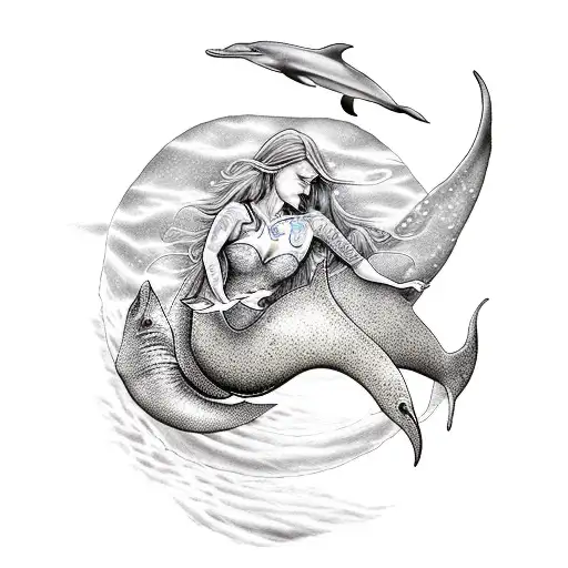 Cancer Mermaid Sitting On A Rock In Moon Light And A Dolphin In The Sea Swimming Around Her