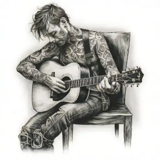 A Black-grey Portrait Tattoo Of A Lonely Guitarist Playing His Guitar In An Empty Room