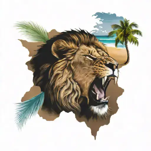 A Tattoo Of A Lion Roaring On A Tropical Beach In The Dominican Republic