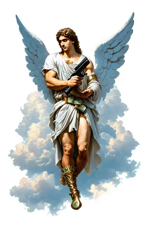 Archangel Holding A Gun With Money And Cloud Background