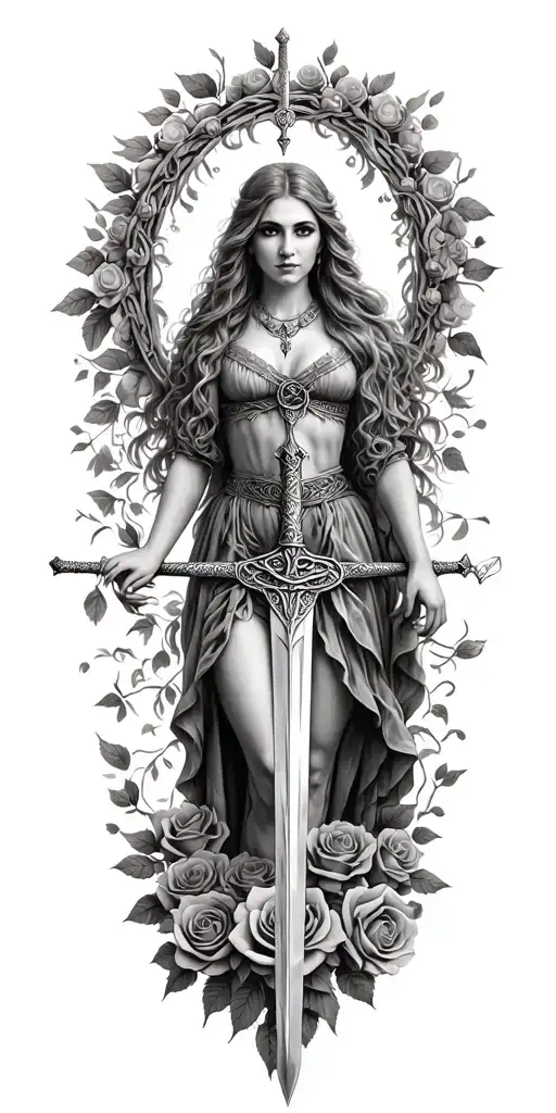 Very Very Old Celtic Woman Posing Holding A Sword And The Woman Is Surrounded In A Circle Of Roses