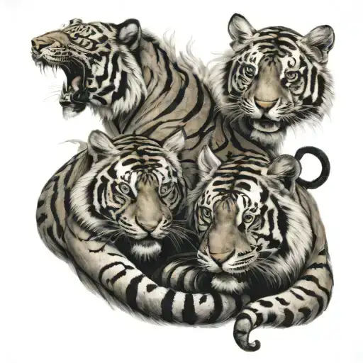 Two Tigers And Snake