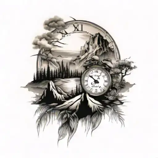 Moutains In The Front With A Clock As The Sun Setting Behind Them