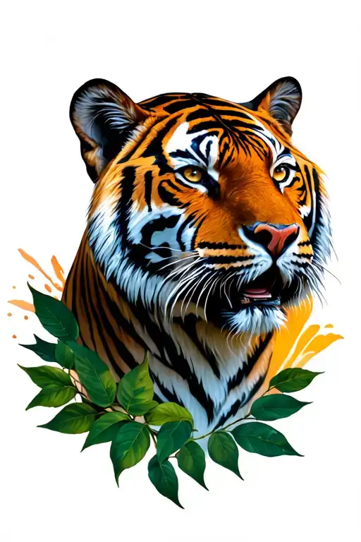 Tiger Head Cut With Leaves A Dhorus In Transparency And A Sunset