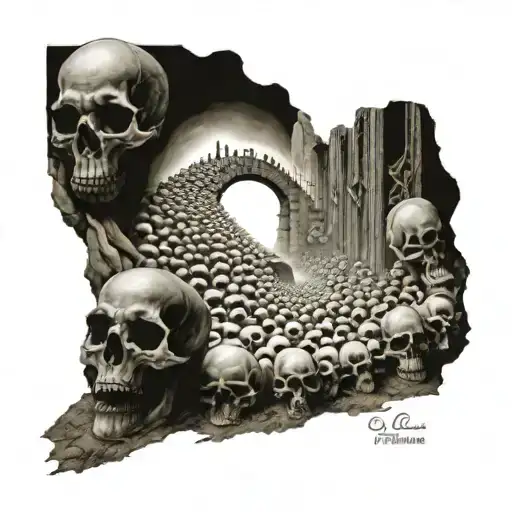 A Path Through A Mountain Of Human Skulls Leading To The Gates Of Heaven