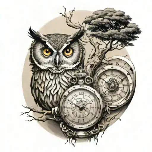 Owl With Sand Clock And The Life Tree Inside Instead Of Sand