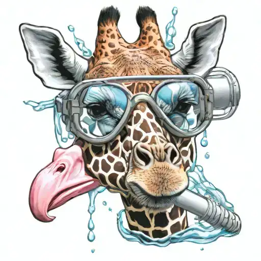 Giraffe With Snorkel And Diving Glasses In A Flamingo Shaped Rubber Tube In The Water