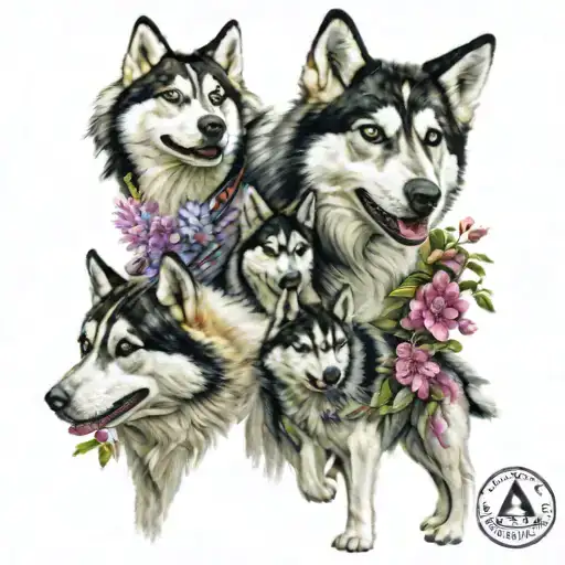 A Manager Leading A Pack Of Huskies Through A Flower-filled Forest