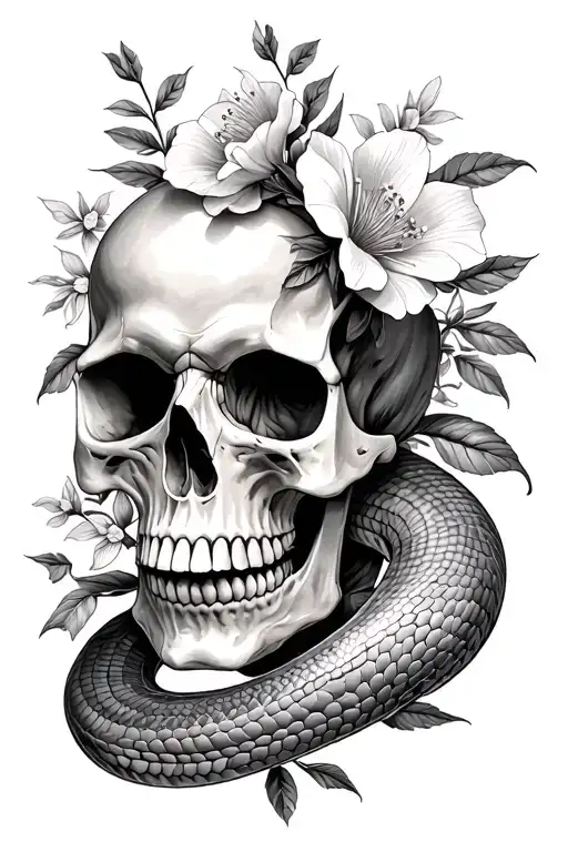 Skull With Snake And Flowers Blooming