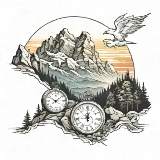 Moutains In The Front With A Clock As The Sun Setting Behind Them