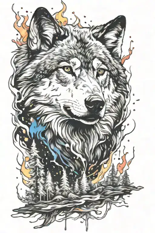 Black And White Whole Wolf With Forest Water Fire And Color Splash As Background