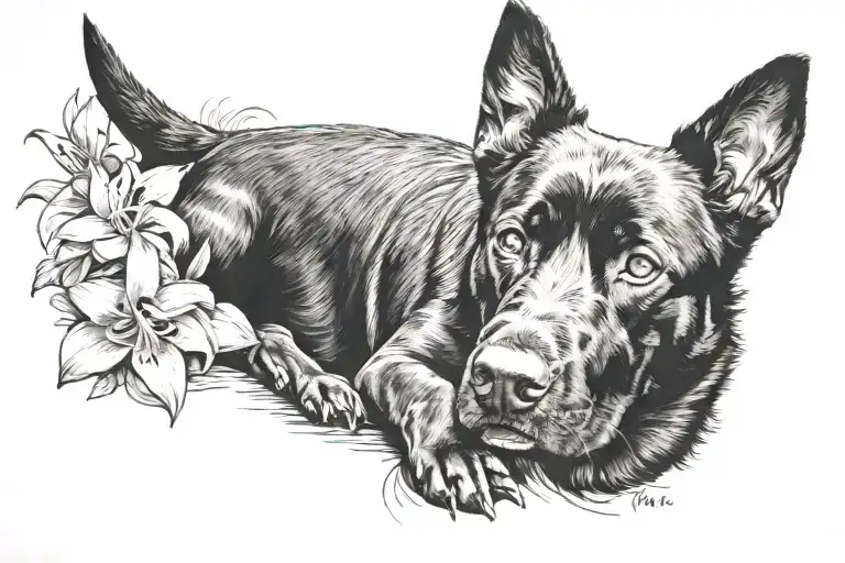 Black Mcnab Dog With Big Brown Eyes Memorialized With Lilys In Background
